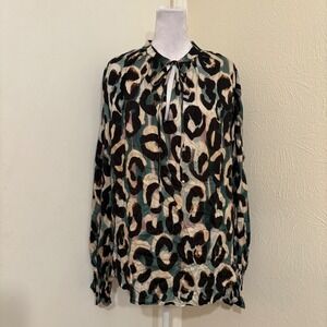 Finley Teal Cream Abstract Leopard Print Tie Neck Tunic Blouse Sz M Retro Chic